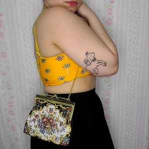 Vintage Rococo-style print mini handbag with gold chain strap